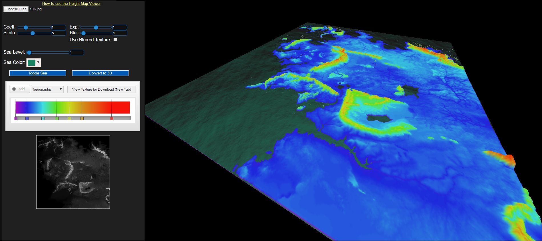 Height Map Viewer — Middle Earth with topographic gradient preset