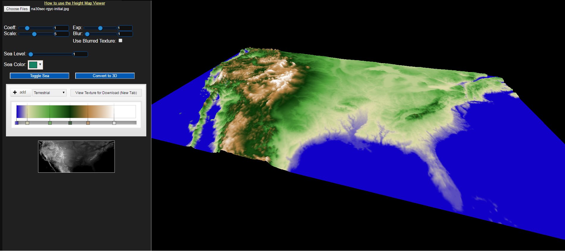 Height Map Viewer — continental USA with terrestrial gradient preset