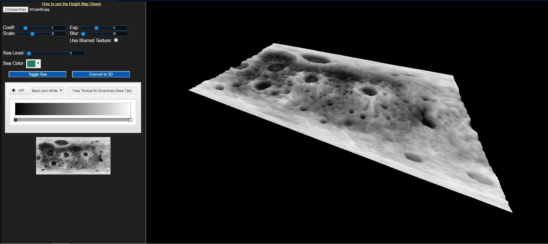 Height Map Viewer — cratered landscape in black and white