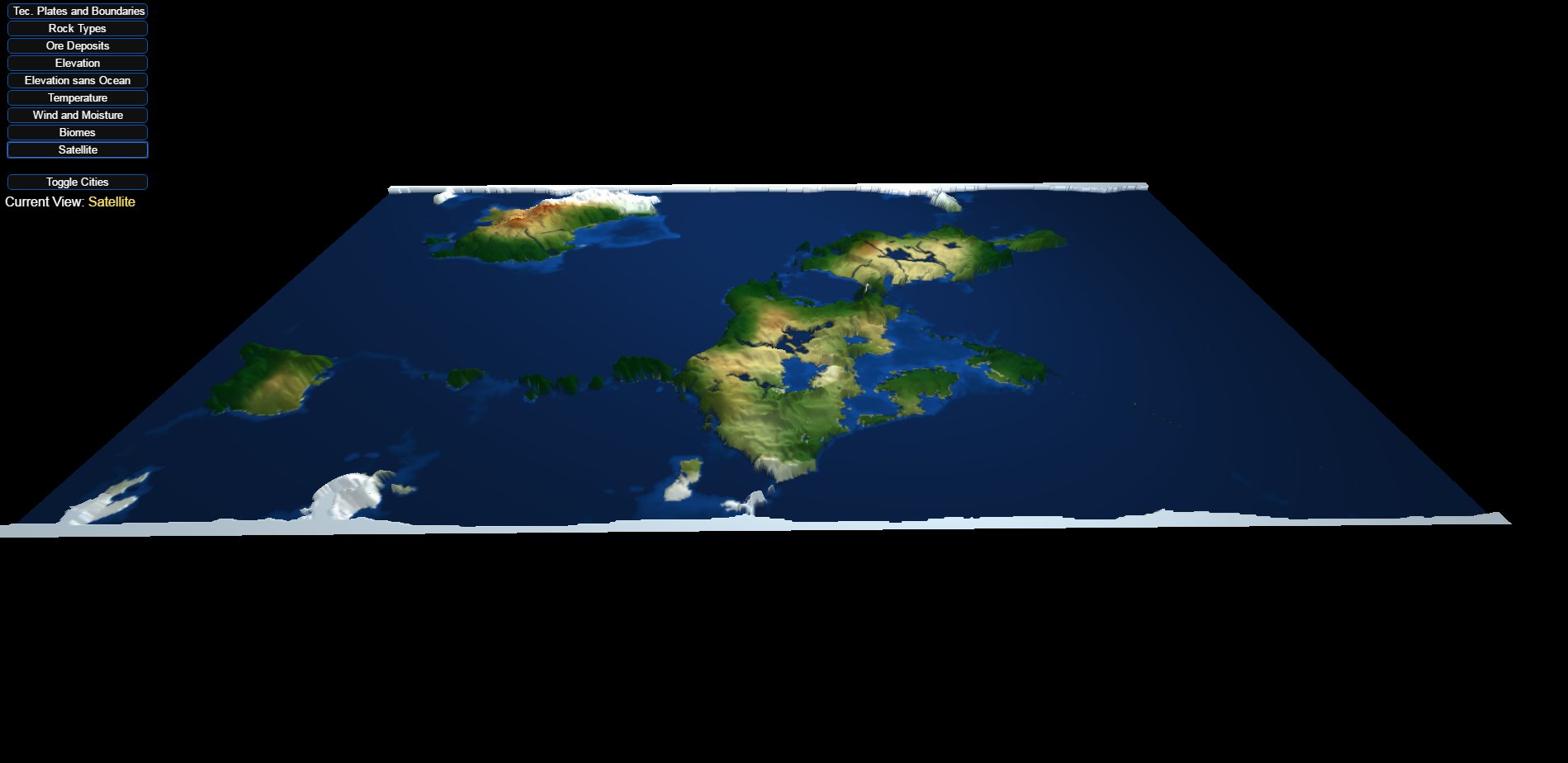 WorldGen — satellite view in 3D plane mode