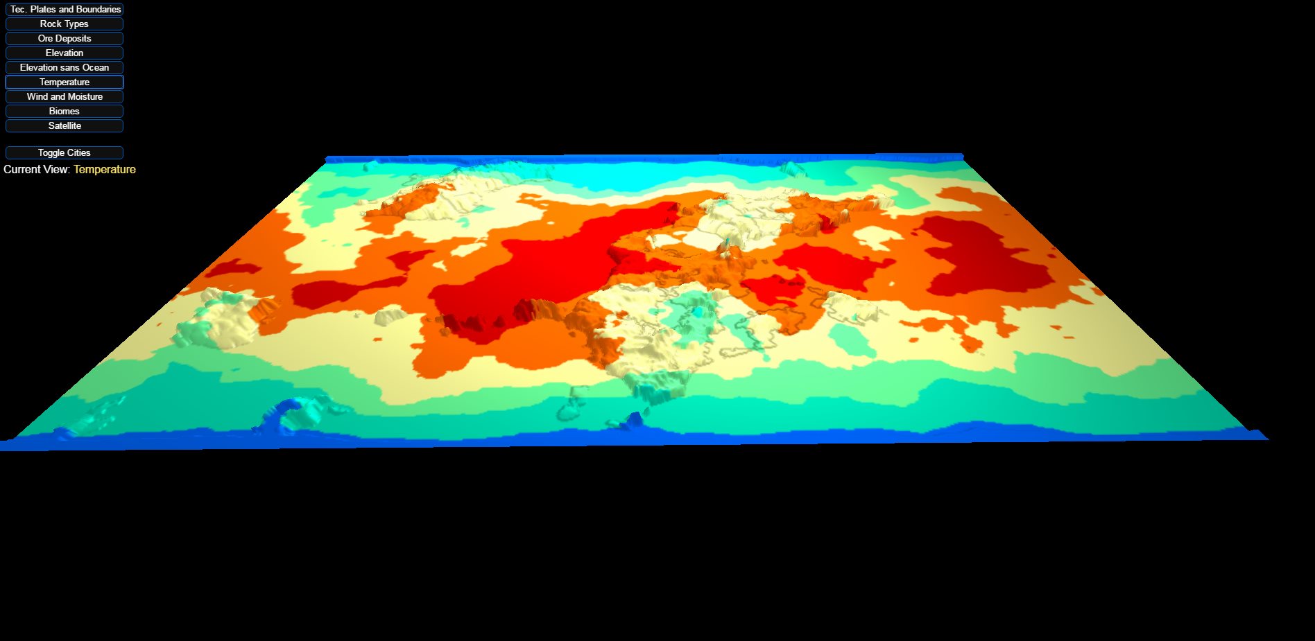 WorldGen — temperature view in 3D plane mode